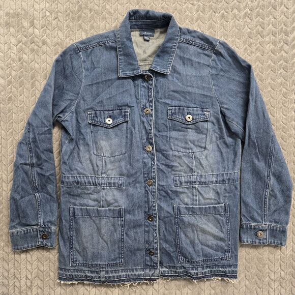 J Jill Denim Chambray Utility Jacket Button Up Raw Hem S Petite Closet Staple - Picture 1 of 9